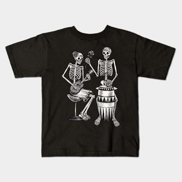 Sugar skull couple lover playing drum and ukulele celebration day of the dead. Kids T-Shirt by Jiewsurreal